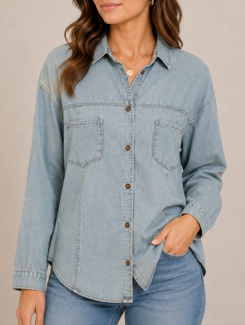 TOGETHER | Women's Light Blue Denim Button-Front Tailored Shirt Size XS
